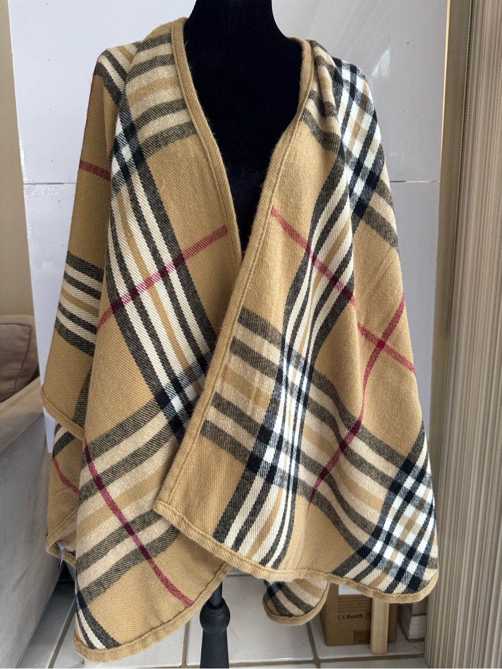 Charter Club Plaid Cape Wrap Poncho Camel Tan Black Red Classic Academia OS